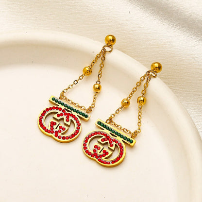 304 Stainless Steel Red & Green Triangle Chain Drop Earrings