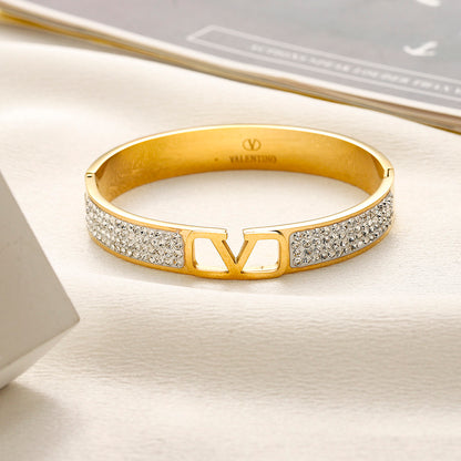 304 Stainless Steel Pave V-Motif Bangle Bracelet