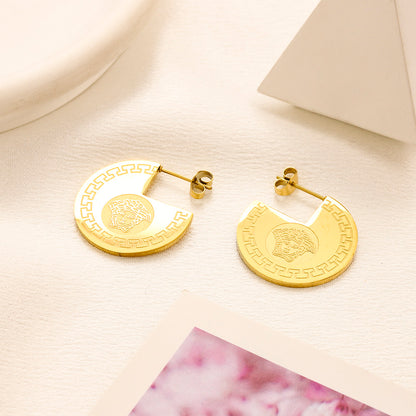 304 Stainless Steel Greek-Key Medallion Hoop Earrings