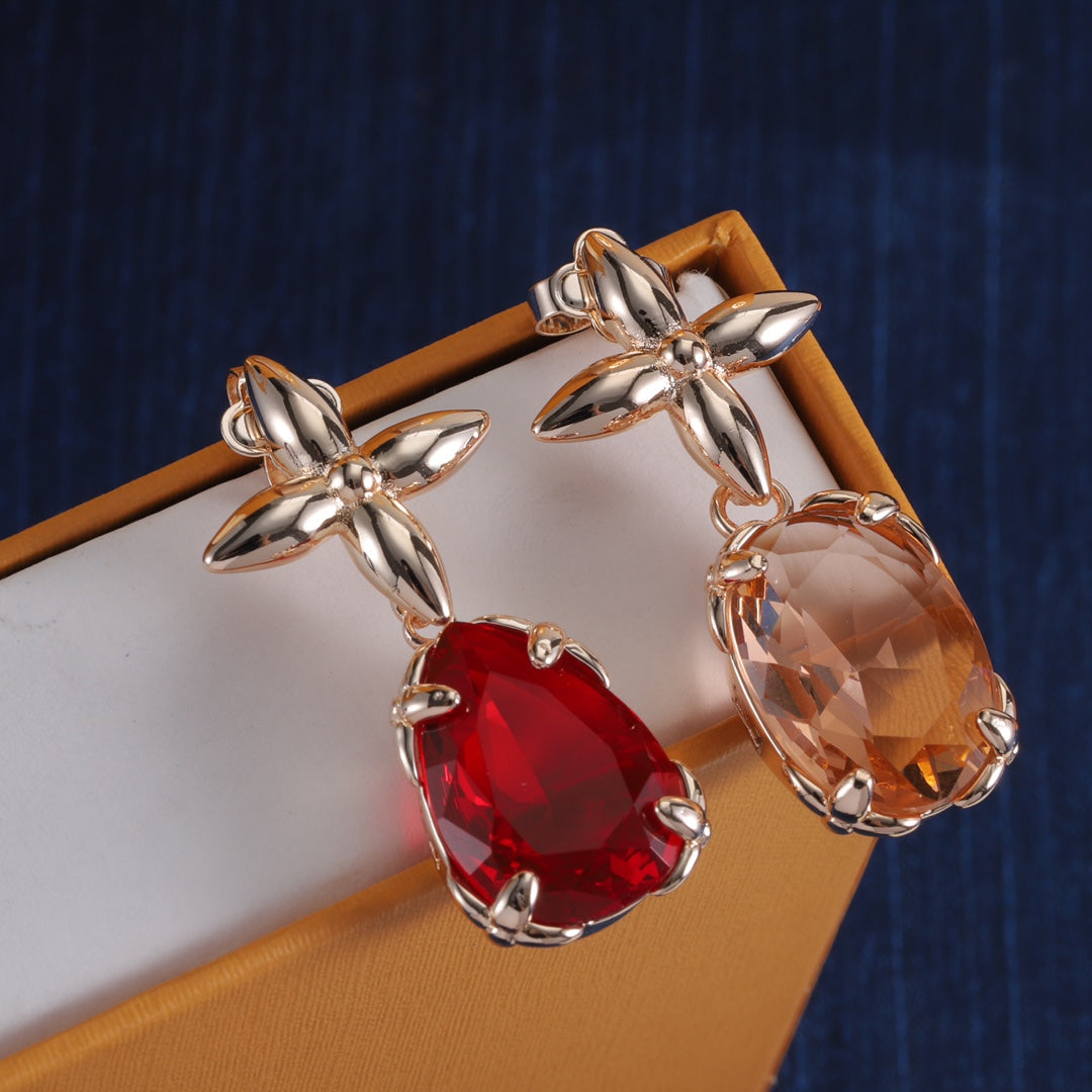 Floral Stud & Oval Stone Drop Earrings