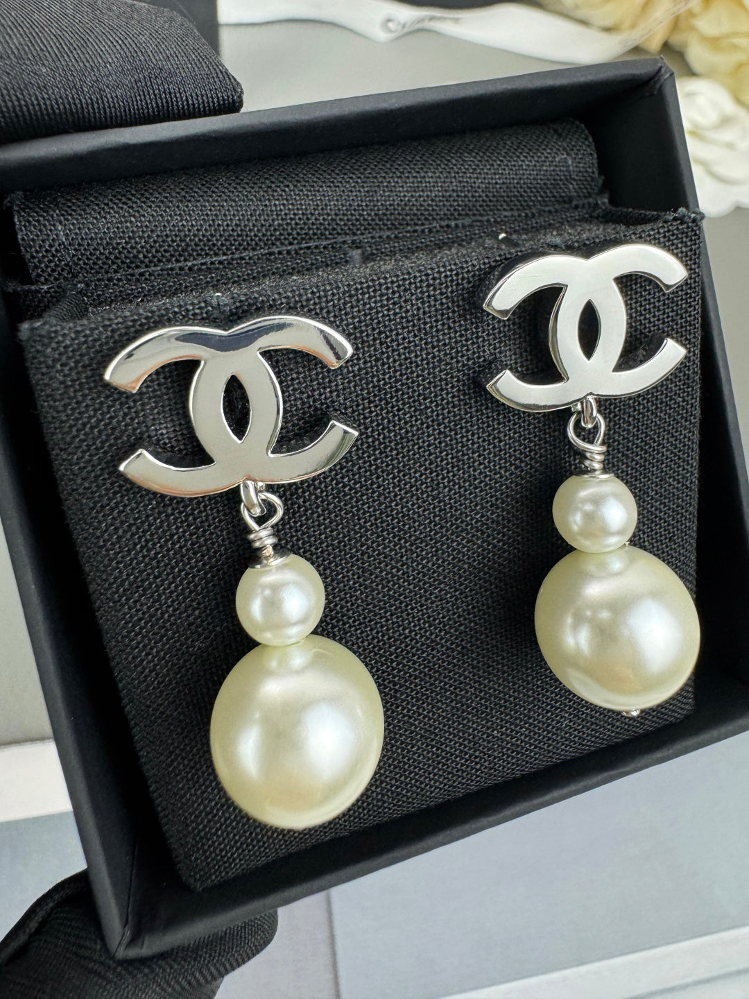Double Pearl-Effect Interlocking-C Drop Earrings