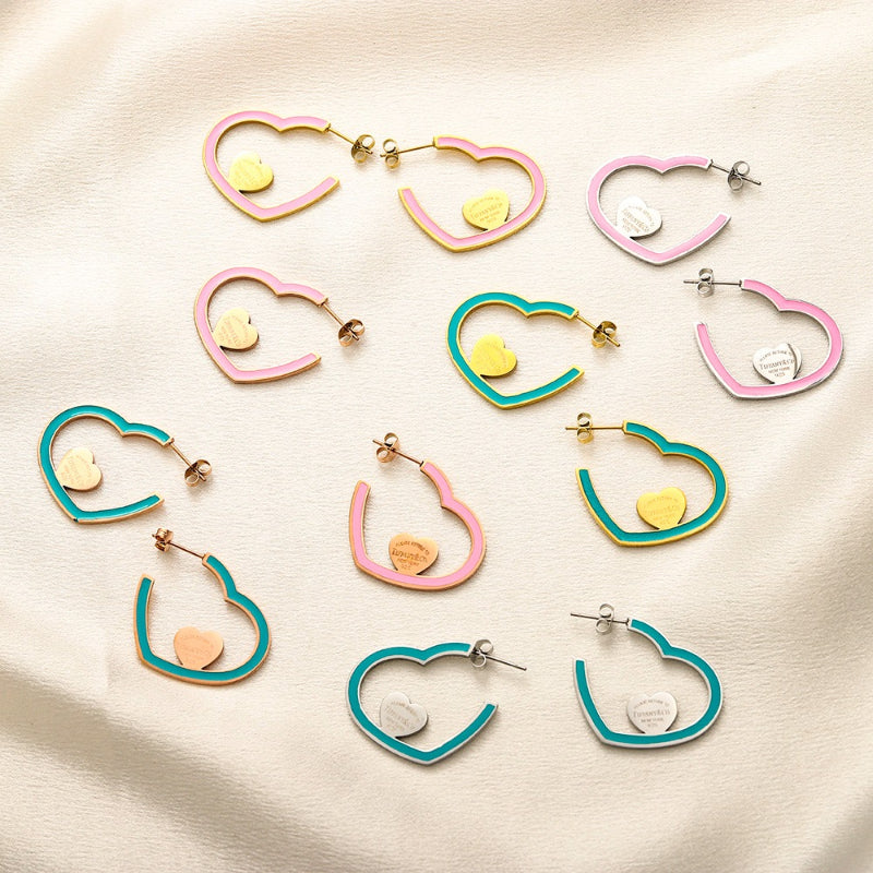 304 Stainless Steel Colorful Heart Outline Hoop Earrings
