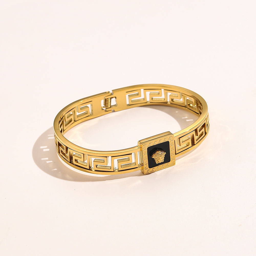 304 Stainless Steel Greek-Key Square Medallion Bangle Bracelet