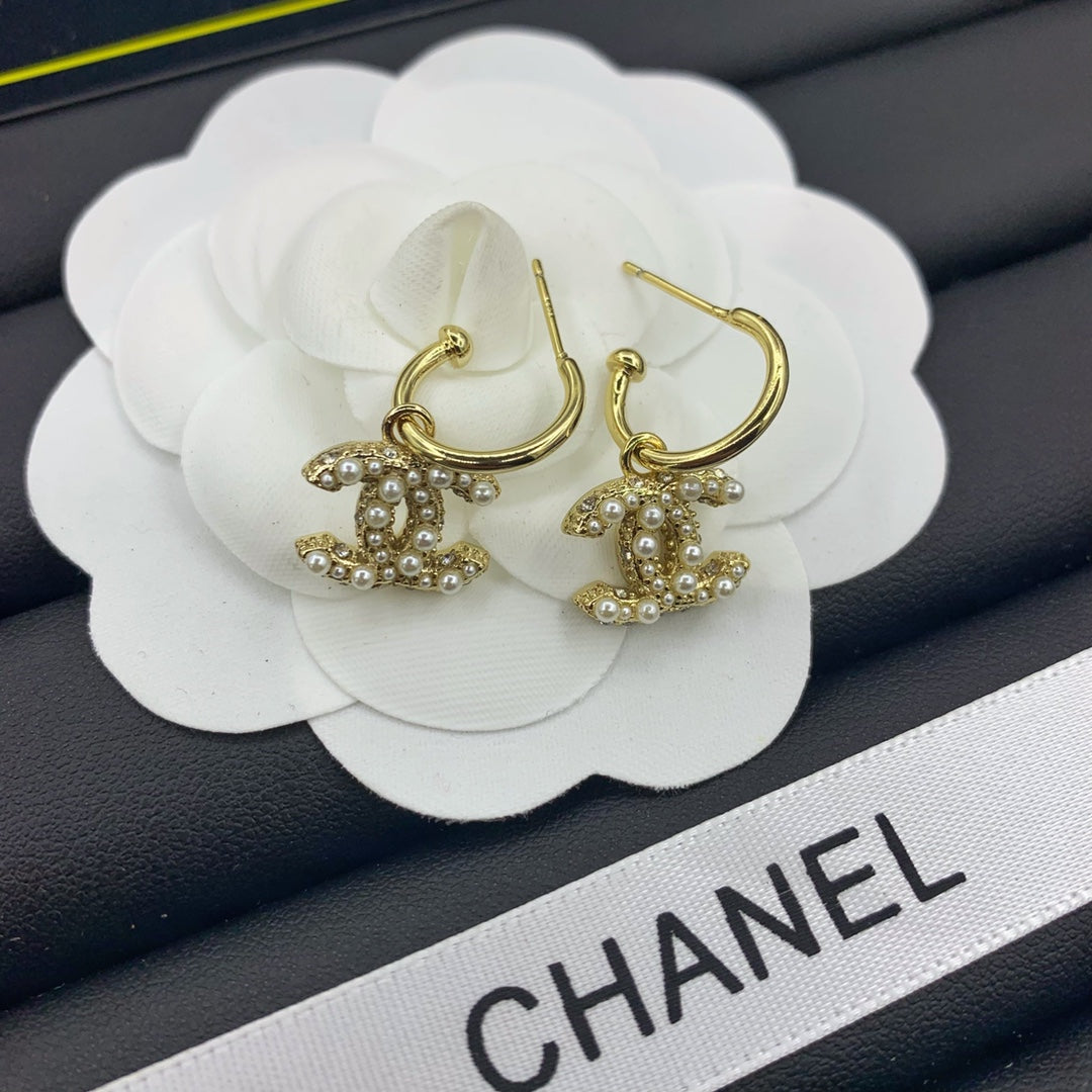 Pave Interlocking-C Charm Hoop Earrings