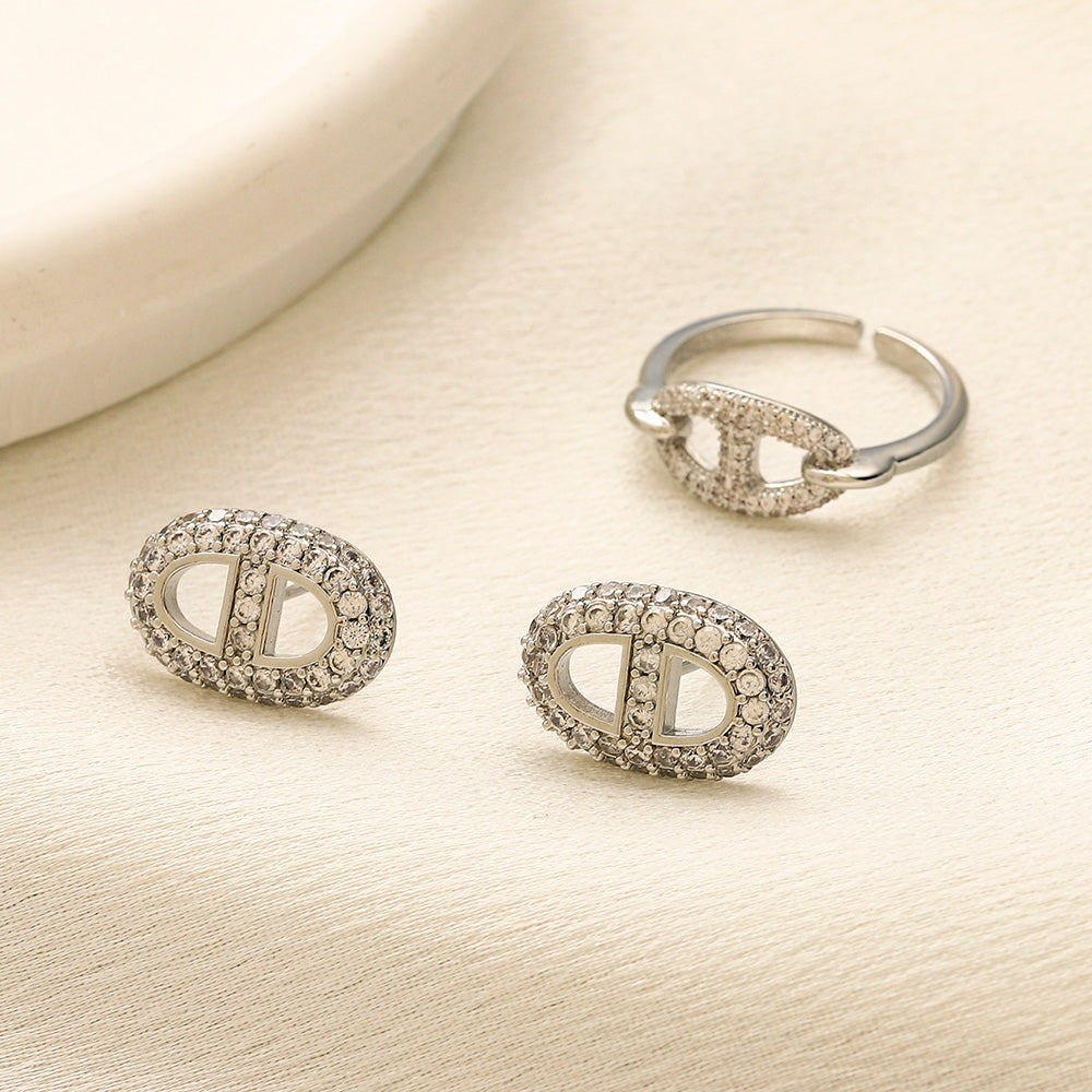 304 Stainless Steel Pave Oval H-Motif Stud Earrings