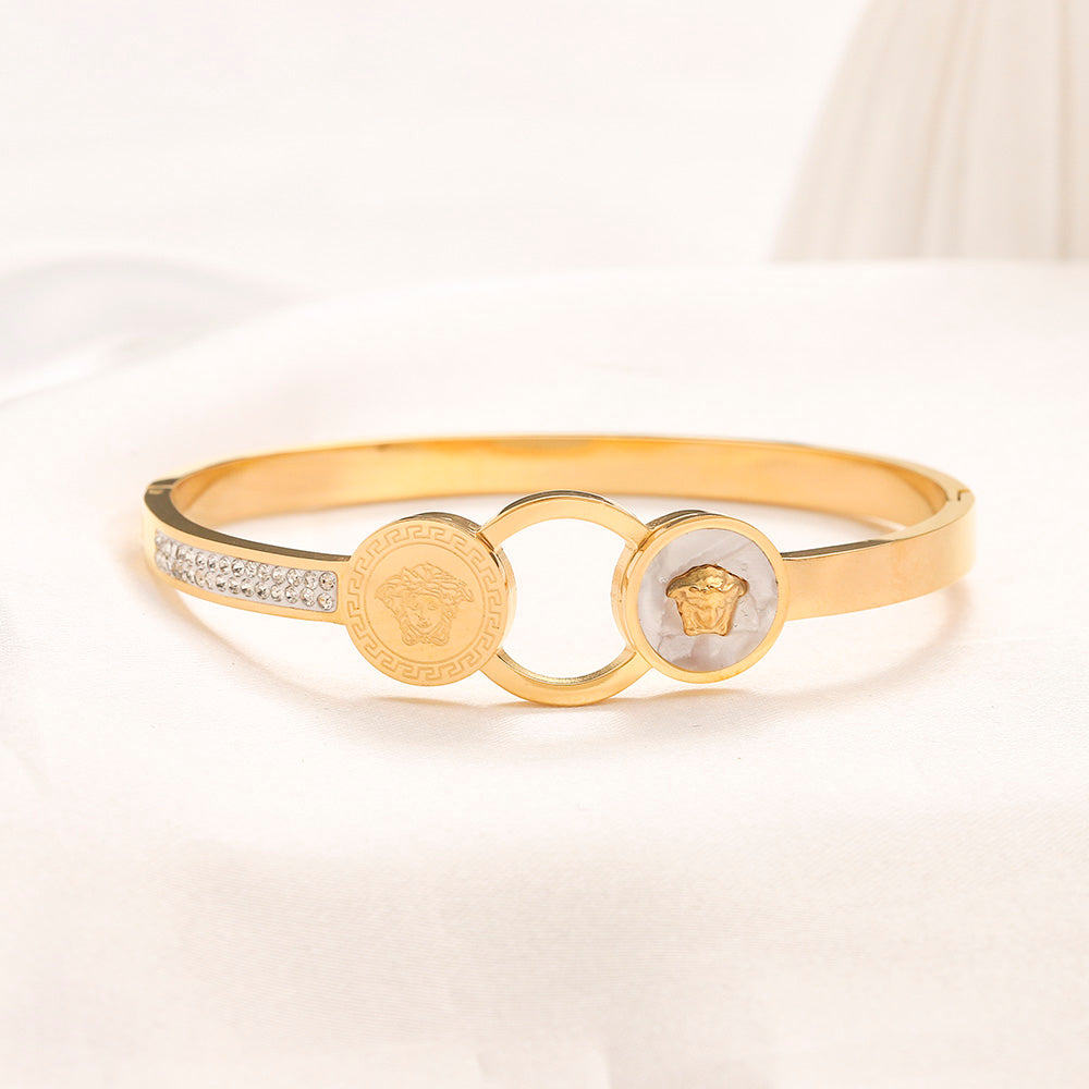 304 Stainless Steel Pave Round Medallion Bangle Bracelet