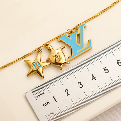 304 Stainless Steel Color-Accent Flower & Monogram Necklace