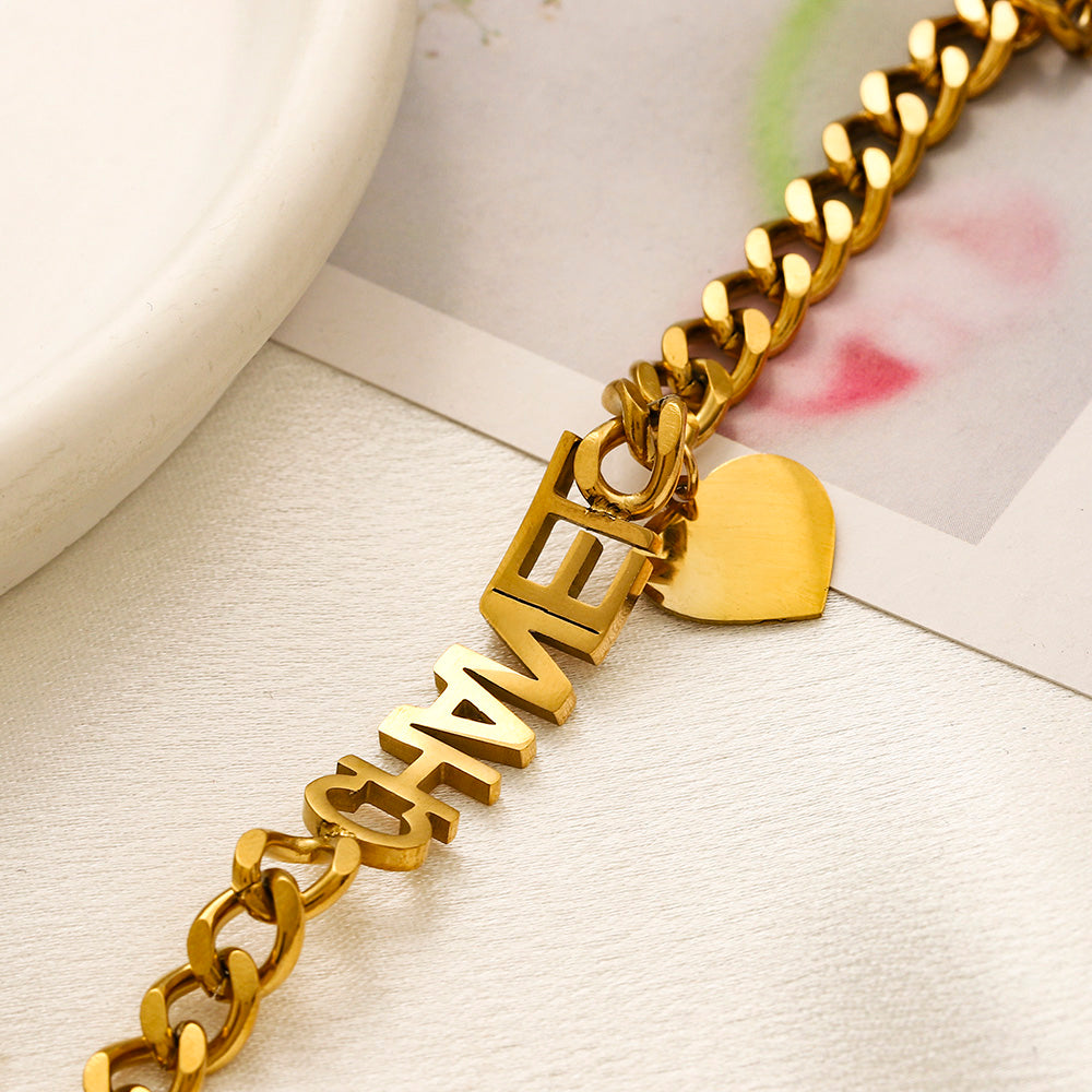 304 Stainless Steel Lettering Curb Chain Bracelet with Heart Charm