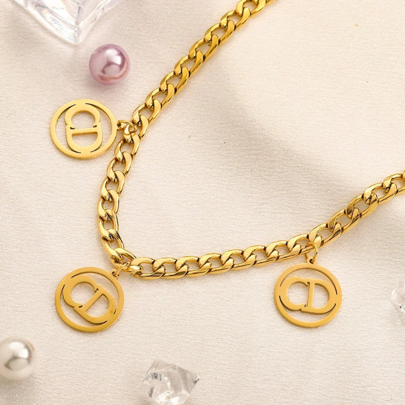 304 Stainless Steel Round Monogram Charm Curb Chain Necklace