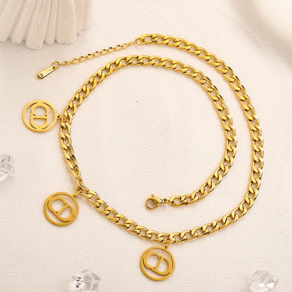 304 Stainless Steel Round Monogram Charm Curb Chain Necklace