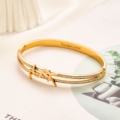 304 Stainless Steel Pave Monogram Slim Bangle Bracelet