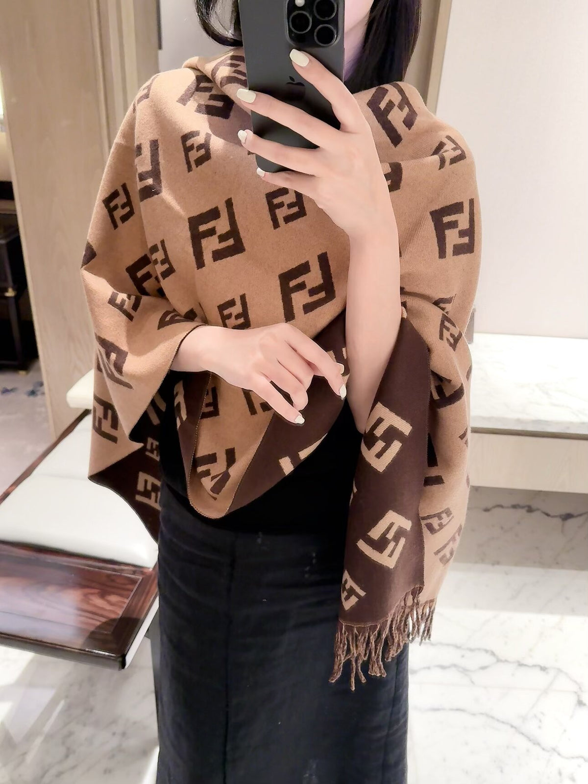 Geometric F-Motif Fringed Scarf