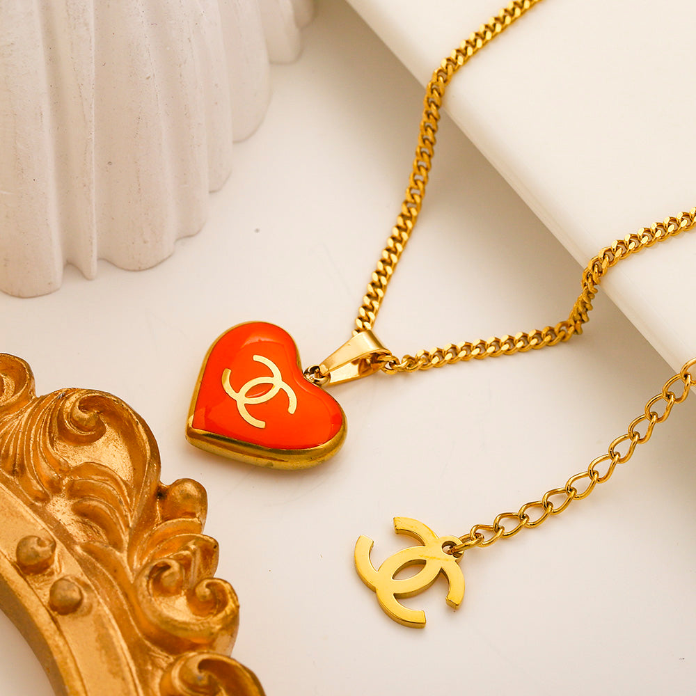 304 Stainless Steel Color-Inlay Interlocking-C Heart Necklace