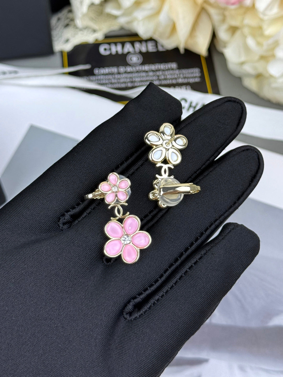 Pink Double Flower Drop Earrings