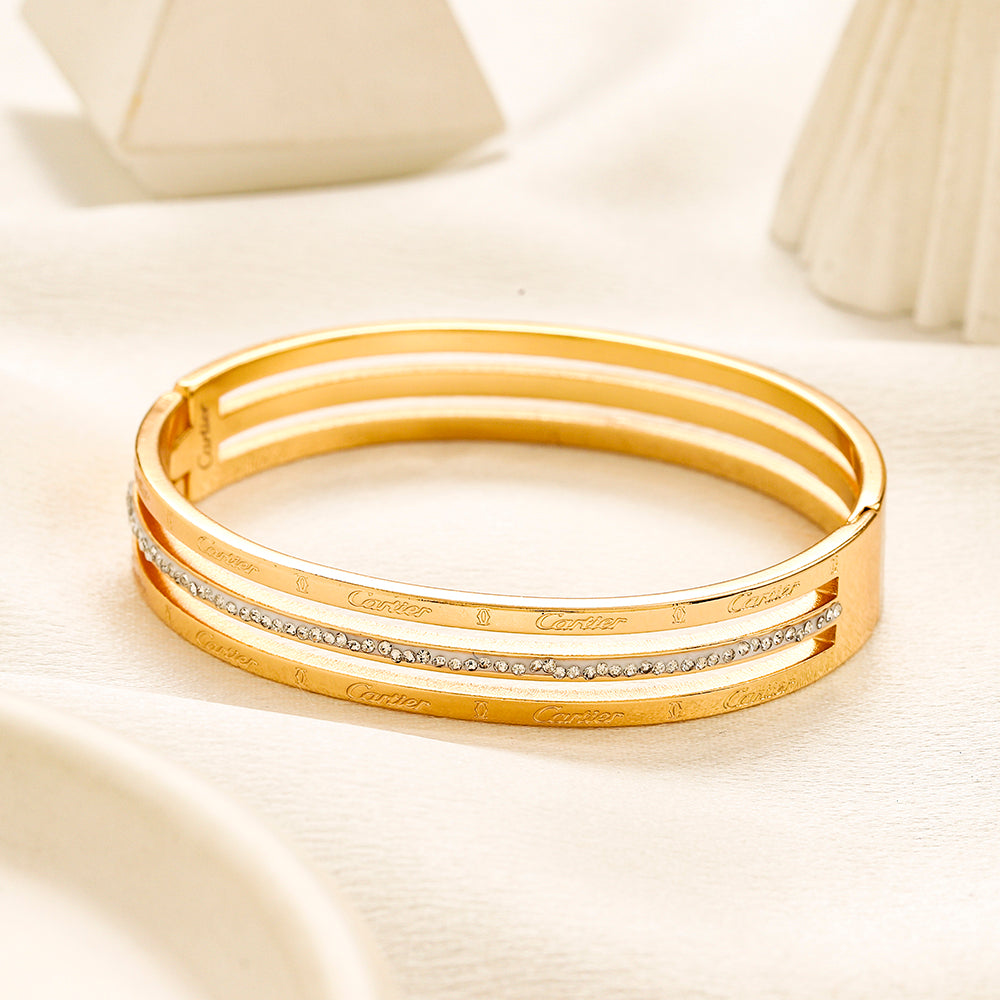 304 Stainless Steel Triple Band Pave Bangle Bracelet