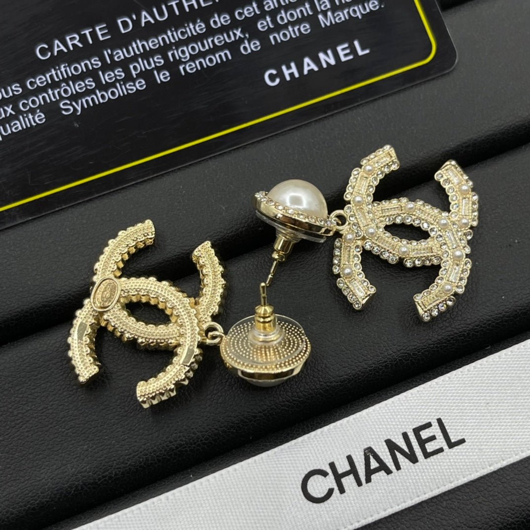 Pearl-Effect & Pave Interlocking-C Drop Earrings