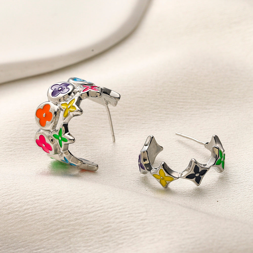 304 Stainless Steel Colorful Flower & Star Hoop Earrings