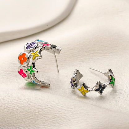 304 Stainless Steel Colorful Flower & Star Hoop Earrings