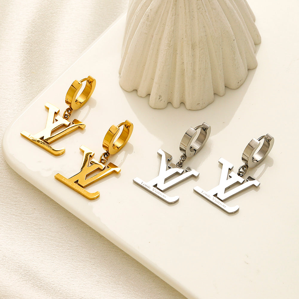 304 Stainless Steel Polished Monogram Charm Huggie Earrings