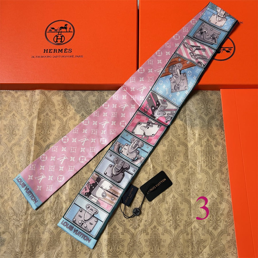 Illustrated Panel Print Ribbon Scarf - 5 x 120 cm