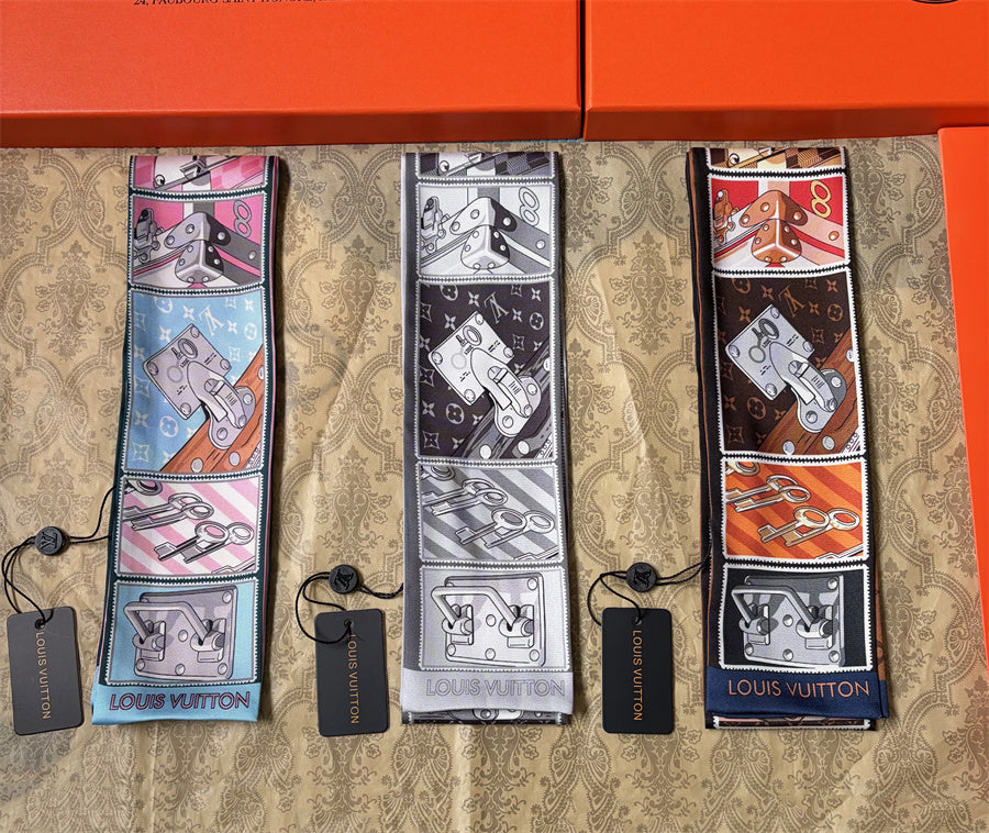 Illustrated Panel Print Ribbon Scarf - 5 x 120 cm