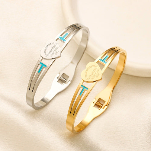 304 Stainless Steel Turquoise Band Heart Bangle Bracelet