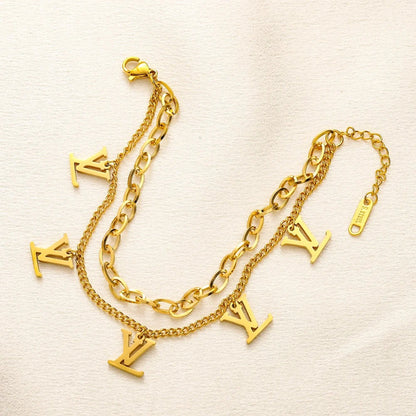 304 Stainless Steel Double-Chain Monogram Charm Bracelet