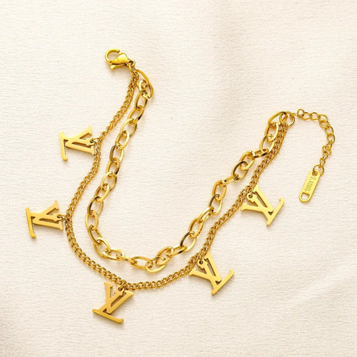 304 Stainless Steel Double-Chain Monogram Charm Bracelet