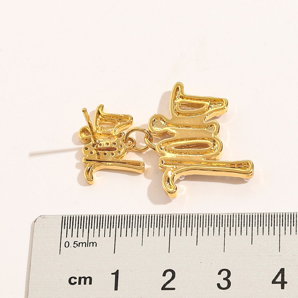 Copper Pave Script Letter Stud Earrings
