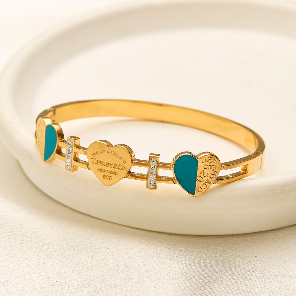 304 Stainless Steel Blue Heart & Pave Link Bangle Bracelet
