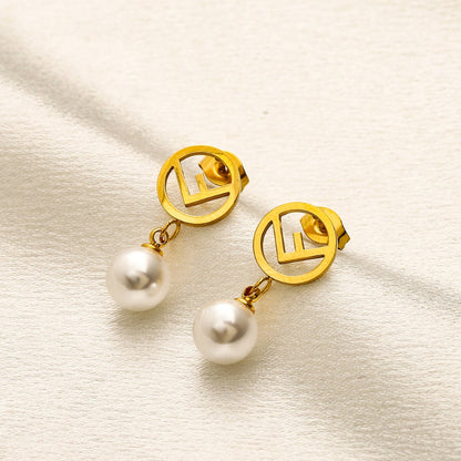 304 Stainless Steel Pearl-Effect Round Drop Earrings