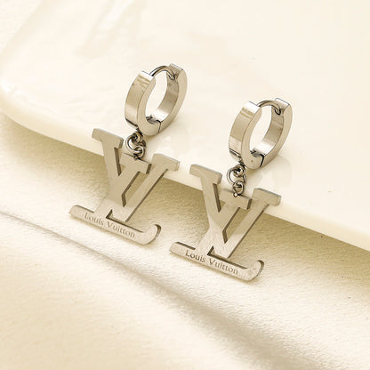 304 Stainless Steel Polished Monogram Charm Huggie Earrings