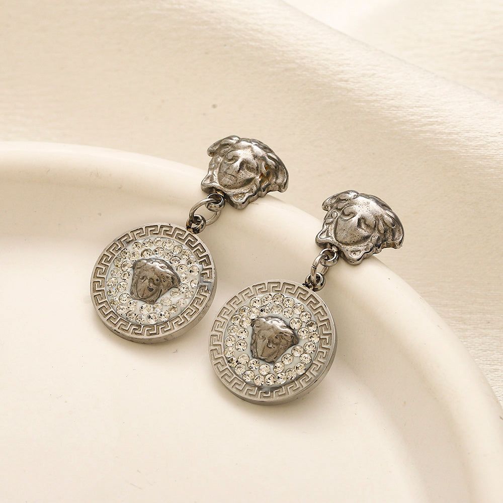 304 Stainless Steel Pave Round Medallion Drop Earrings