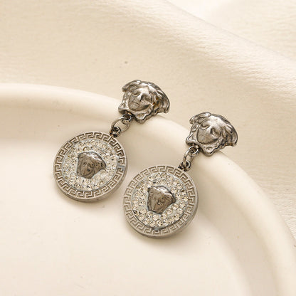 304 Stainless Steel Pave Round Medallion Drop Earrings