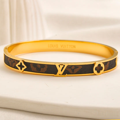 304 Stainless Steel Dark Monogram-Inlay Slim Bangle Bracelet