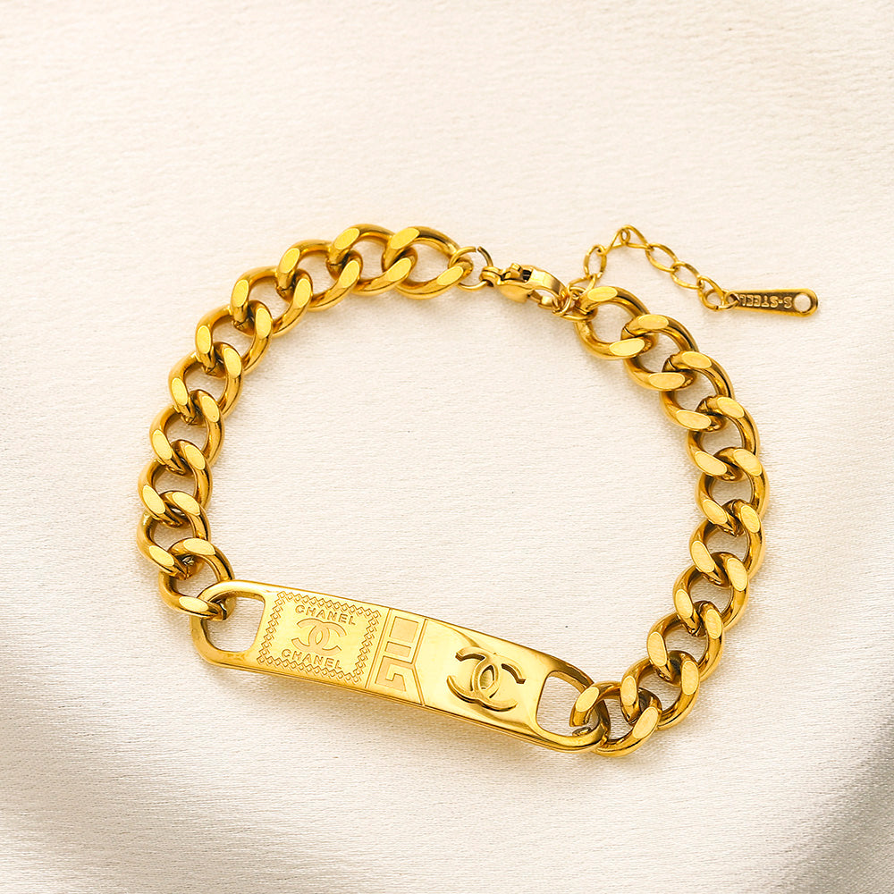 304 Stainless Steel Engraved Monogram Plate Chain Bracelet