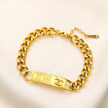 304 Stainless Steel Engraved Monogram Plate Chain Bracelet