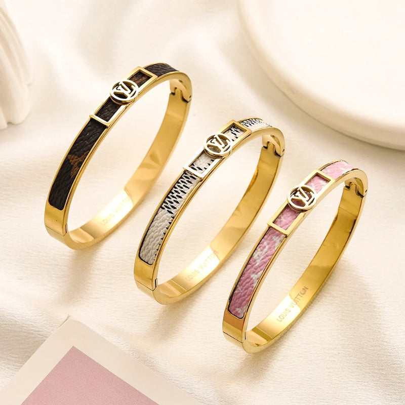 304 Stainless Steel Color-Inlay Round Monogram Bangle Bracelet