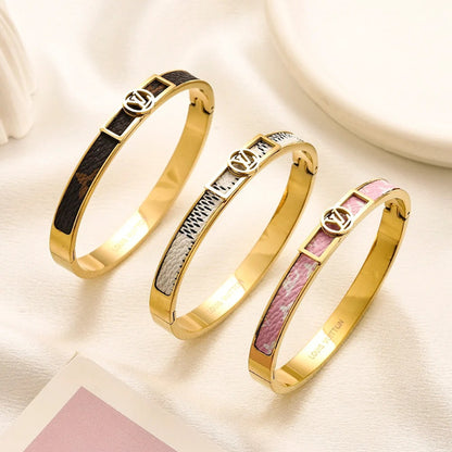 304 Stainless Steel Color-Inlay Round Monogram Bangle Bracelet