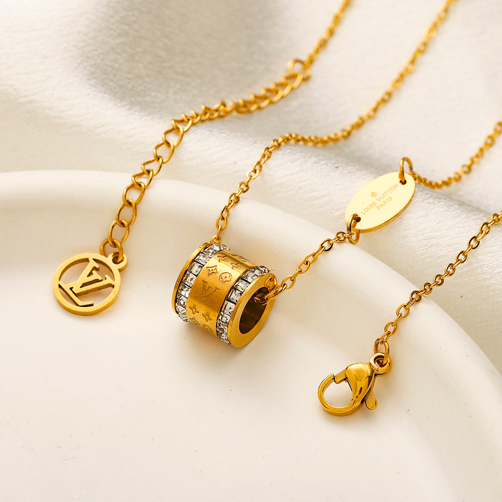 304 Stainless Steel Pave-Edge Barrel Pendant Necklace