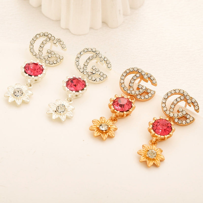304 Stainless Steel Floral Stone Interlocking-G Dangle Earrings