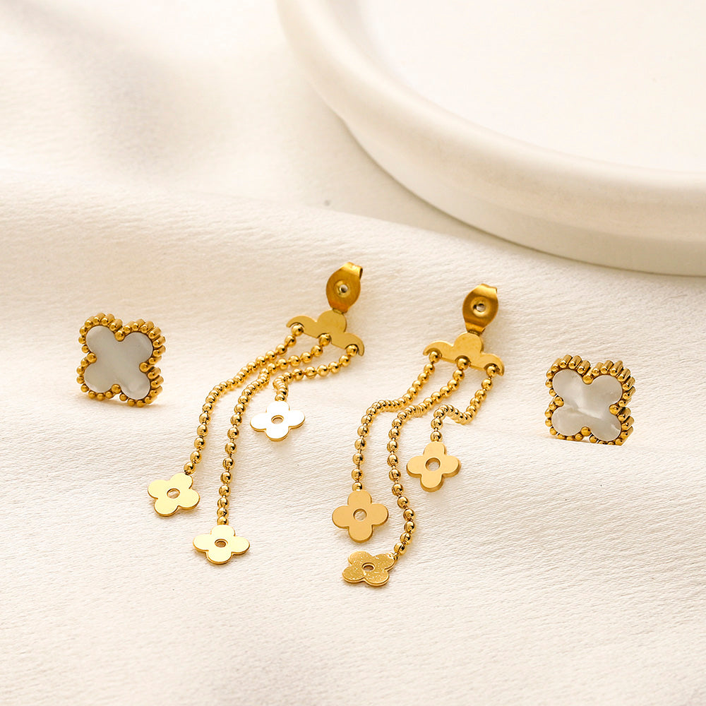 304 Stainless Steel Quatrefoil Chain Tassel Earrings