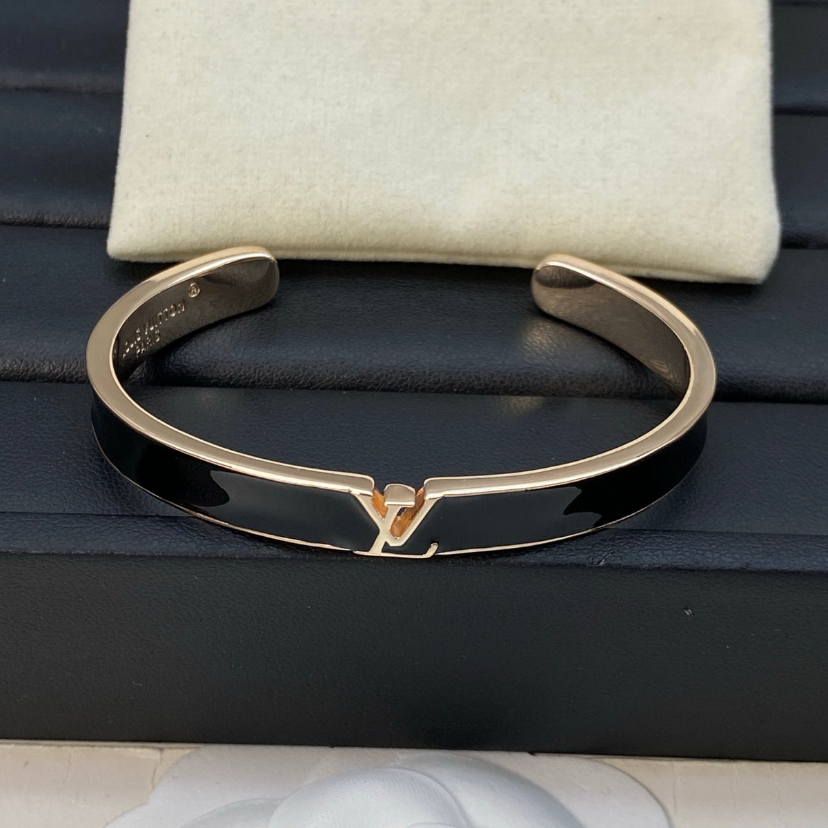 Black Inlay Monogram Cuff Bracelet