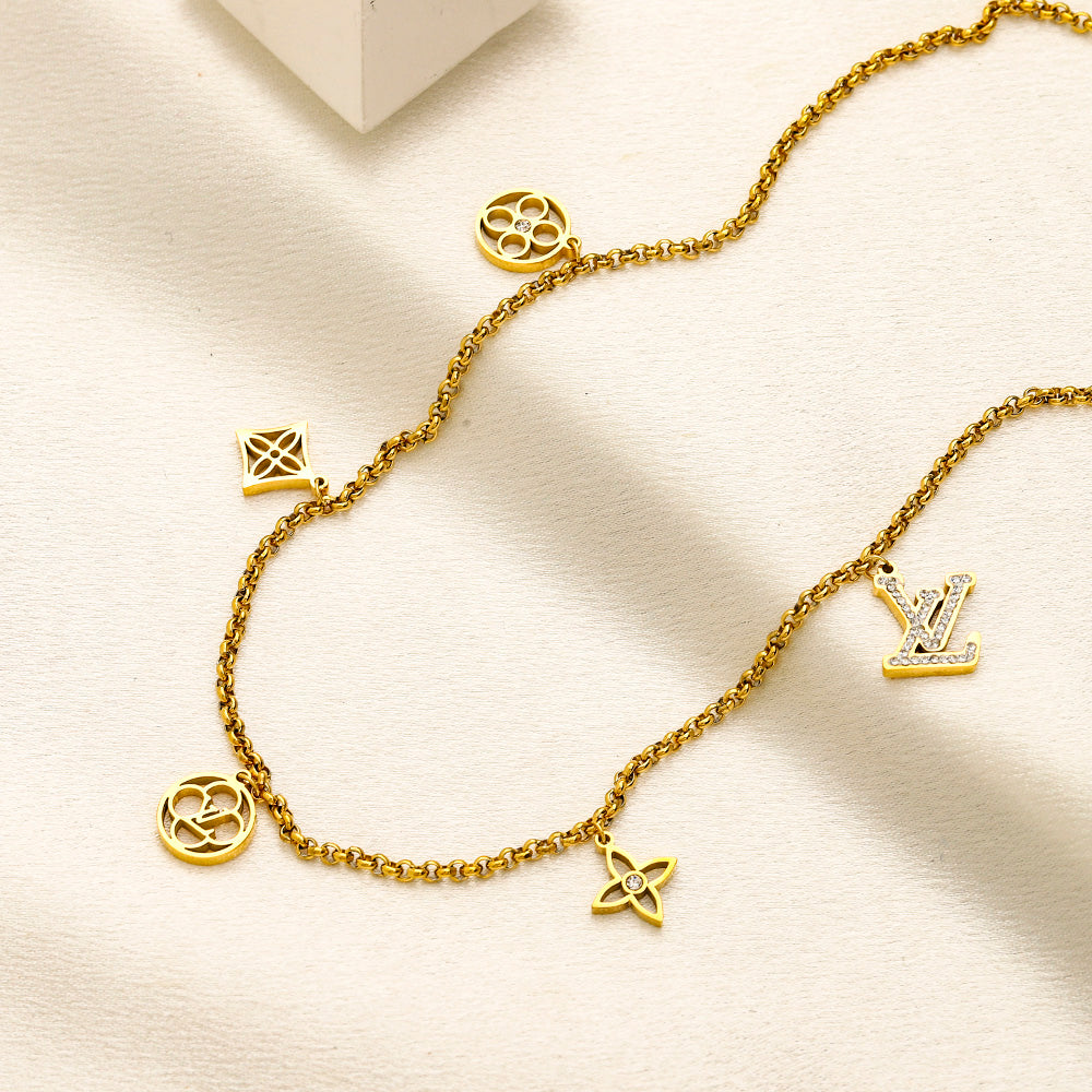 304 Stainless Steel Mixed Floral Monogram Charm Necklace