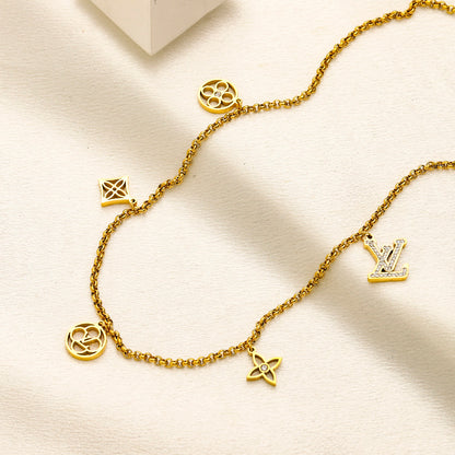 304 Stainless Steel Mixed Floral Monogram Charm Necklace