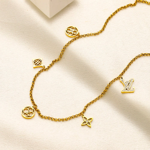 304 Stainless Steel Mixed Floral Monogram Charm Necklace