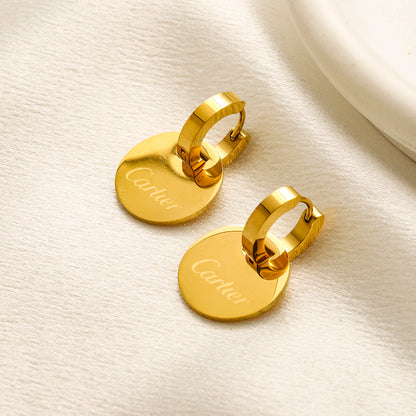 304 Stainless Steel Engraved Round Tag Huggie Earrings