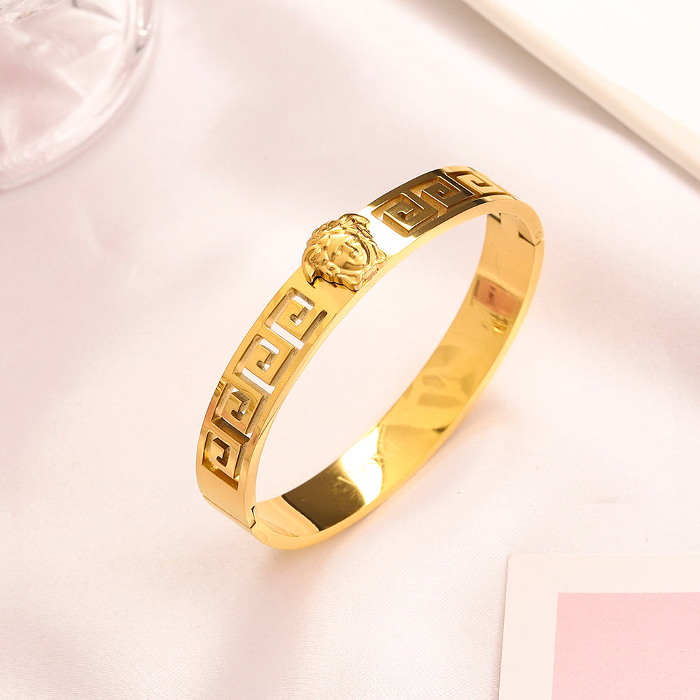 304 Stainless Steel Greek-Key Hinged Bangle Bracelet
