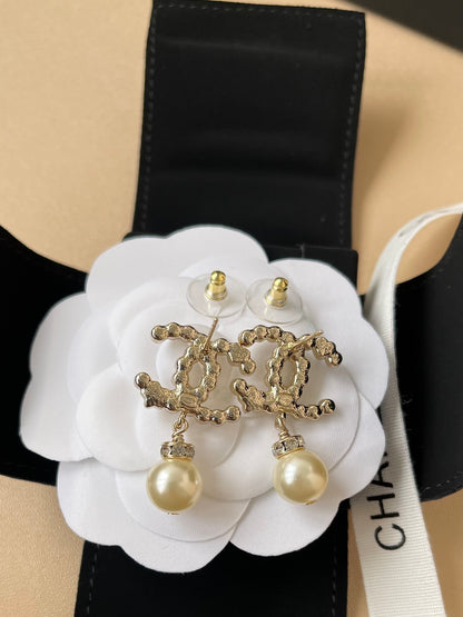 Pave Interlocking-C & Pearl-Effect Drop Earrings
