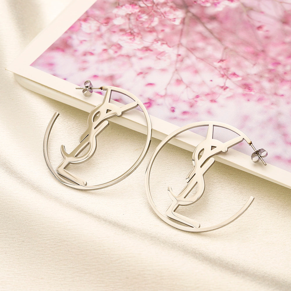 304 Stainless Steel Open Monogram Hoop Earrings
